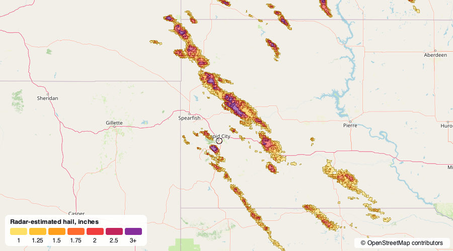 Hail swath map for August 12, 2026 around Rapid City, SD, Albany, NY, Bismarck, ND