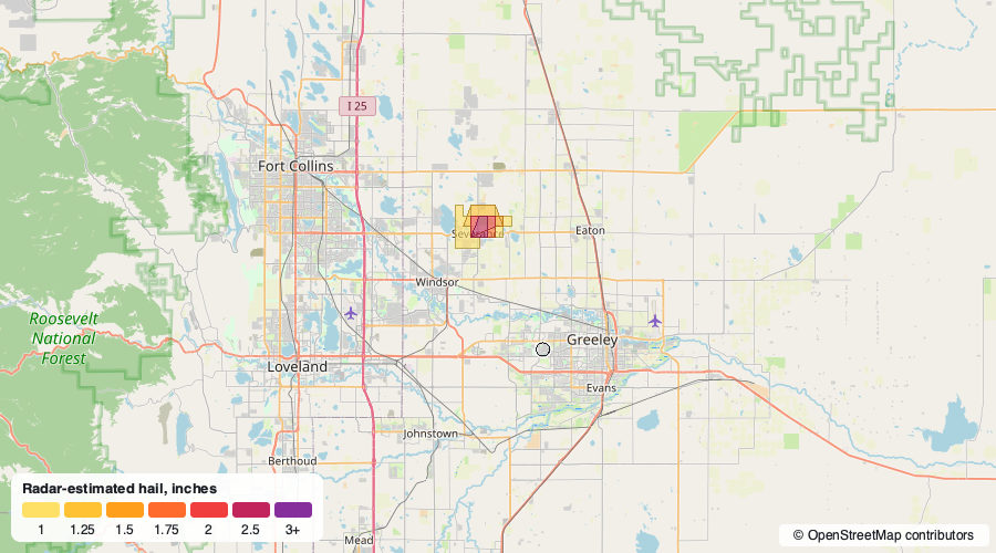 Hail swath map for August 14, 2026 around Greeley, CO, Aurora, CO