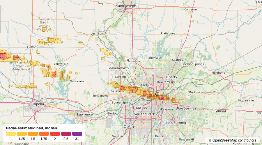 Hail swath map for August 19, 2026 around Kansas City, MO, Rapid City, SD