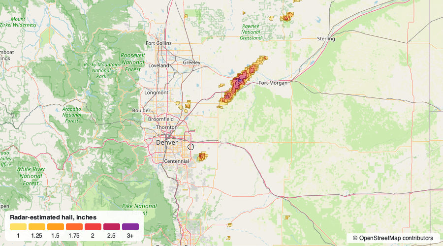 Hail swath map for August 23, 2026 around Aurora, CO