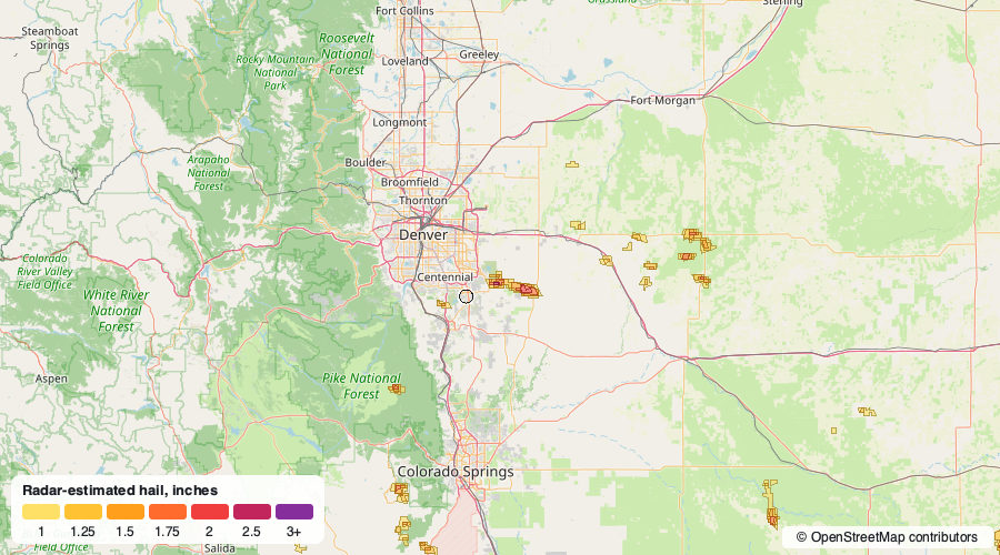 Hail swath map for August 27, 2026 around Parker, CO