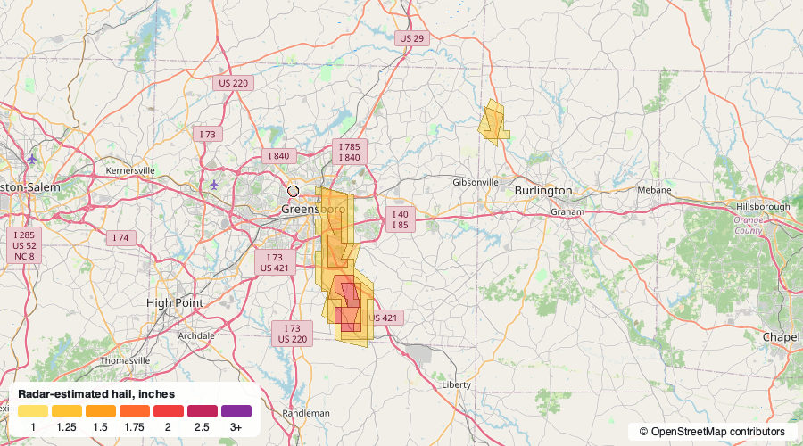 Hail swath map for September 5, 2026 around Greensboro, NC