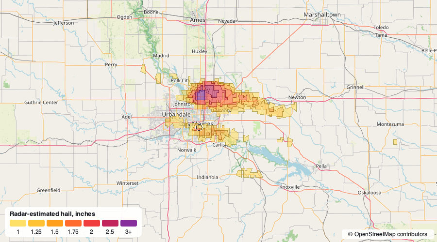 Hail swath map for September 9, 2026 around Des Moines, IA