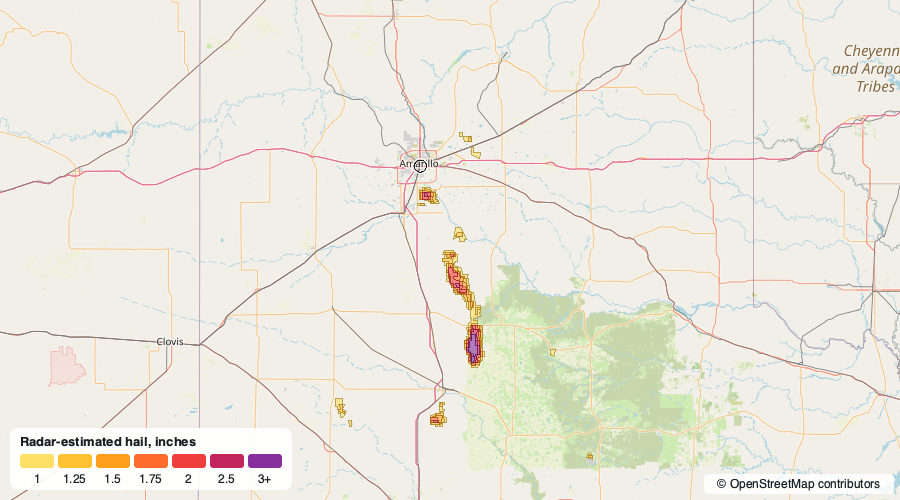 Hail swath map for September 11, 2026 around Amarillo, TX
