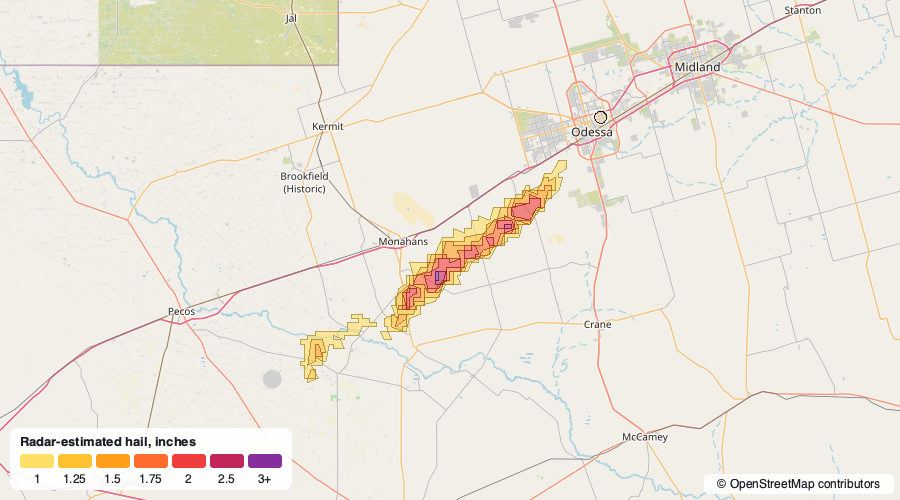 Hail swath map for October 14, 2026
